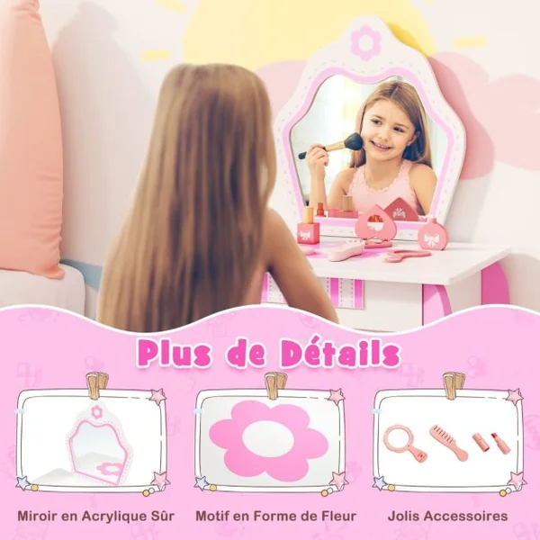 Coiffeuse pour Enfants avec Miroir et Tabouret en Bois Style Princesse Cadeau pour Filles Rose