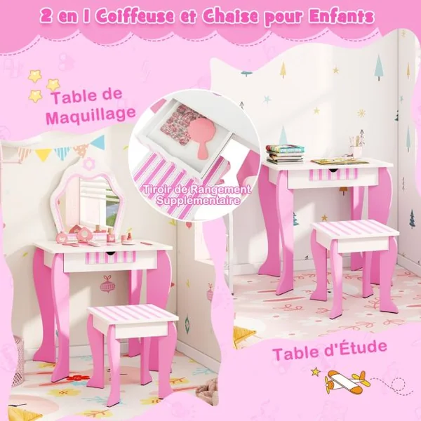 Coiffeuse pour Enfants avec Miroir et Tabouret en Bois Style Princesse Cadeau pour Filles Rose