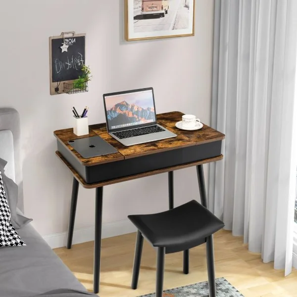 Coiffeuse Rabattable avec Miroir LED de 3 Couleurs 6 Compartiments de Rangement Table de Maquillage Style Vintage