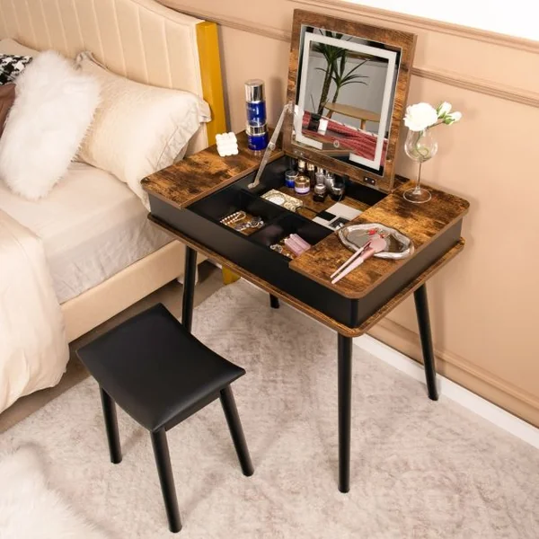 Coiffeuse Rabattable avec Miroir LED de 3 Couleurs 6 Compartiments de Rangement Table de Maquillage Style Vintage
