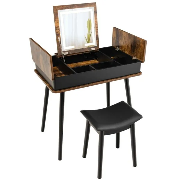 Coiffeuse Rabattable avec Miroir LED de 3 Couleurs 6 Compartiments de Rangement Table de Maquillage Style Vintage