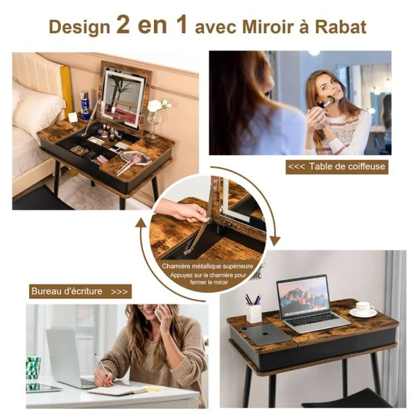 Coiffeuse Rabattable avec Miroir LED de 3 Couleurs 6 Compartiments de Rangement Table de Maquillage Style Vintage