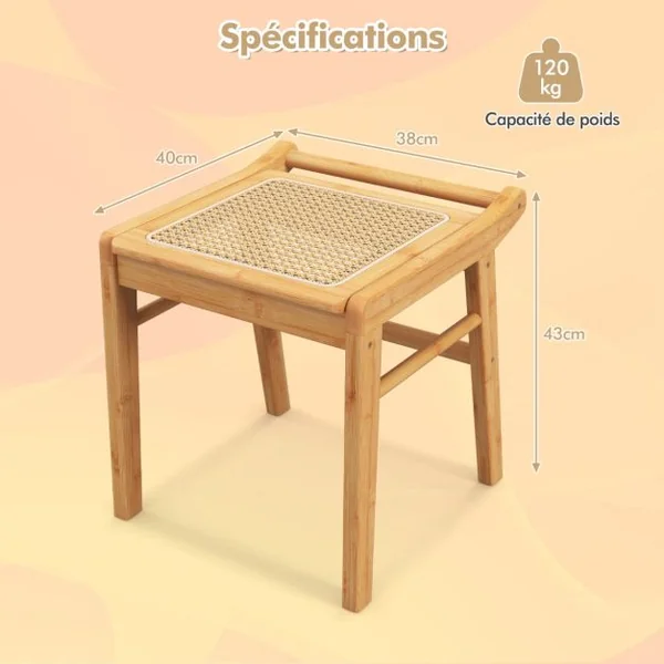 Coiffeuse / Tabouret en Bambou avec Miroir Pivotant Plateau en Verre Trempé avec Dessus en Rotin PE 2 Tiroirs Pieds Antidérapants Naturel