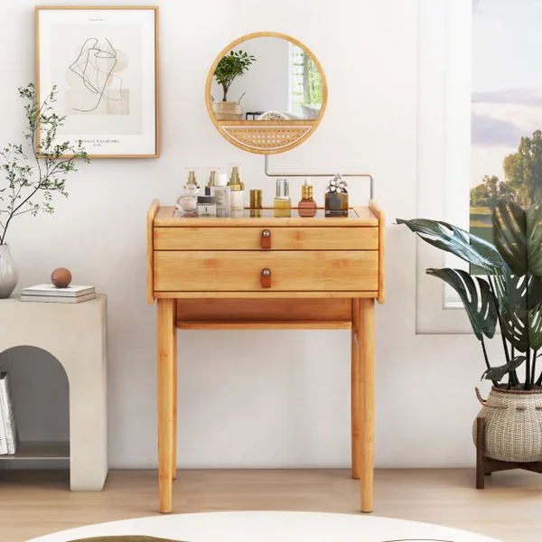 Coiffeuse / Tabouret en Bambou avec Miroir Pivotant Plateau en Verre Trempé avec Dessus en Rotin PE 2 Tiroirs Pieds Antidérapants Naturel