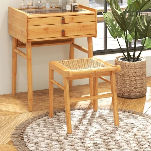 Coiffeuse / Tabouret en Bambou avec Miroir Pivotant Plateau en Verre Trempé avec Dessus en Rotin PE 2 Tiroirs Pieds Antidérapants Naturel