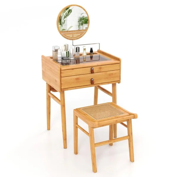 Coiffeuse / Tabouret en Bambou avec Miroir Pivotant Plateau en Verre Trempé avec Dessus en Rotin PE 2 Tiroirs Pieds Antidérapants Naturel