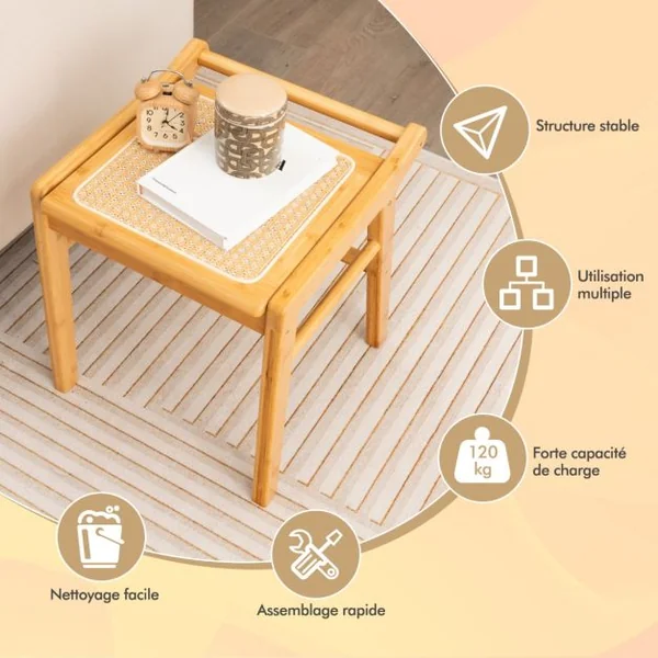 Coiffeuse / Tabouret en Bambou avec Miroir Pivotant Plateau en Verre Trempé avec Dessus en Rotin PE 2 Tiroirs Pieds Antidérapants Naturel