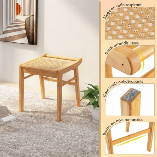 Coiffeuse / Tabouret en Bambou avec Miroir Pivotant Plateau en Verre Trempé avec Dessus en Rotin PE 2 Tiroirs Pieds Antidérapants Naturel