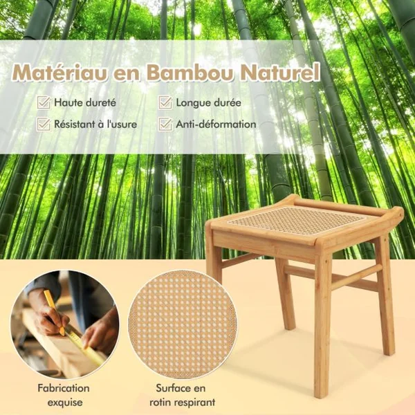 Coiffeuse / Tabouret en Bambou avec Miroir Pivotant Plateau en Verre Trempé avec Dessus en Rotin PE 2 Tiroirs Pieds Antidérapants Naturel