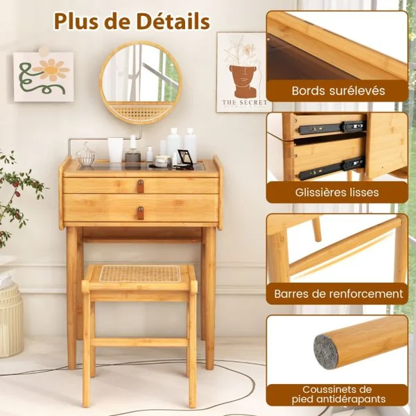 Coiffeuse / Tabouret en Bambou avec Miroir Pivotant Plateau en Verre Trempé avec Dessus en Rotin PE 2 Tiroirs Pieds Antidérapants Naturel