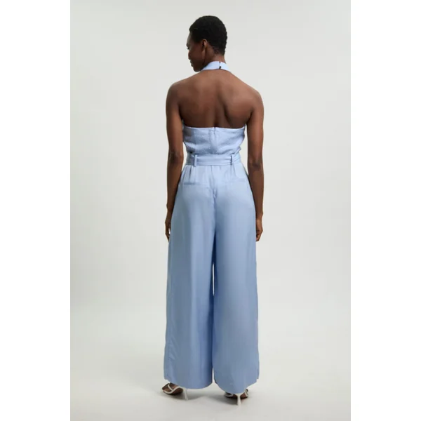 Combinaison-pantalon Large Tissée En Viscose Lin Premium À Col Licou Croisé Avec Ceinture