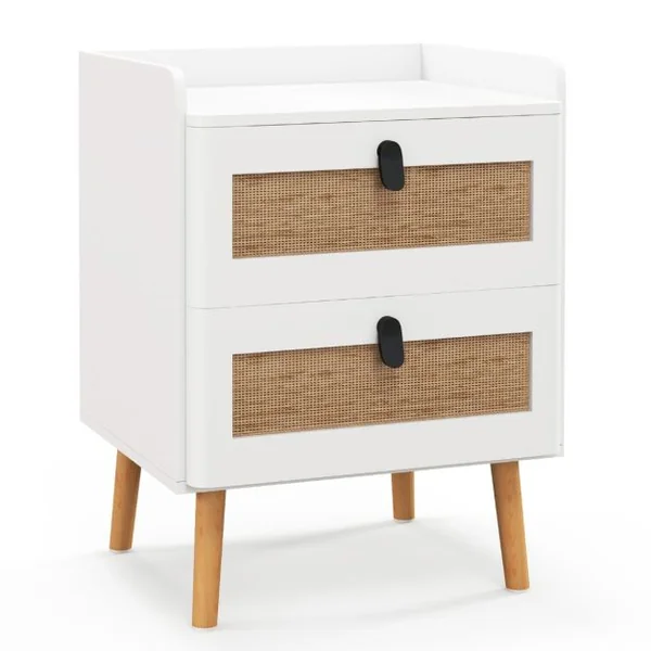 Commode 2 Tiroirs Table de Chevet avec Pieds en Bois Massif Poignée Noir Design Tiroir en Rotin Bohème Petite Commode Scandinave Blanc