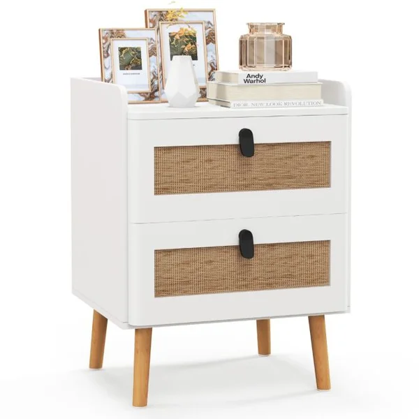 Commode 2 Tiroirs Table de Chevet avec Pieds en Bois Massif Poignée Noir Design Tiroir en Rotin Bohème Petite Commode Scandinave Blanc
