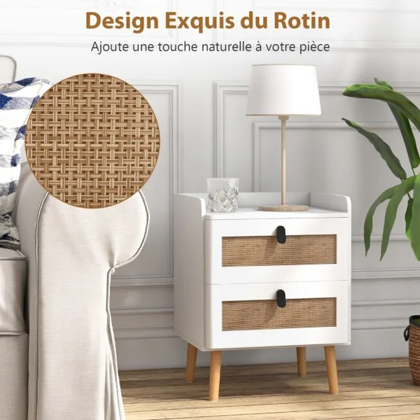 Commode 2 Tiroirs Table de Chevet avec Pieds en Bois Massif Poignée Noir Design Tiroir en Rotin Bohème Petite Commode Scandinave Blanc