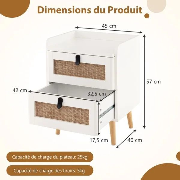 Commode 2 Tiroirs Table de Chevet avec Pieds en Bois Massif Poignée Noir Design Tiroir en Rotin Bohème Petite Commode Scandinave Blanc