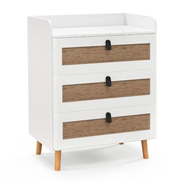 Commode 3 Tiroirs Commode Chambre Adulte Pieds en Bois Massif Poignée Noir Design Tiroir en Rotin Bohème Petite Commode Scandinave Blanc