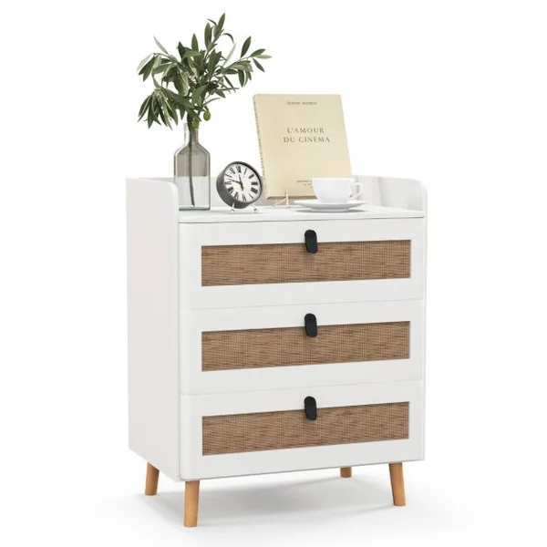 Commode 3 Tiroirs Commode Chambre Adulte Pieds en Bois Massif Poignée Noir Design Tiroir en Rotin Bohème Petite Commode Scandinave Blanc