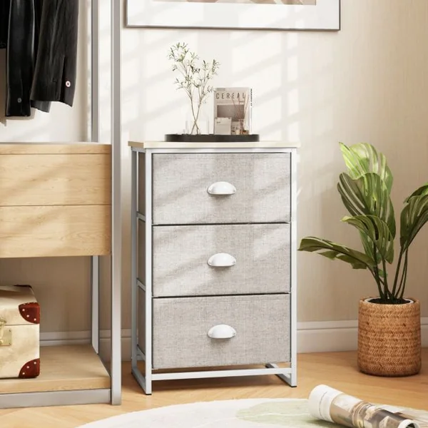Commode 3 Tiroirs Table de Nuit avec Tiroirs Pliants 3 Unité de Rangement avec Cadre en Métal et Tiroirs en Bois Blanc