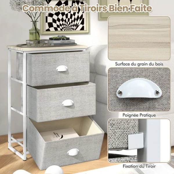 Commode 3 Tiroirs Table de Nuit avec Tiroirs Pliants 3 Unité de Rangement avec Cadre en Métal et Tiroirs en Bois Blanc