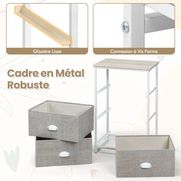 Commode 3 Tiroirs Table de Nuit avec Tiroirs Pliants 3 Unité de Rangement avec Cadre en Métal et Tiroirs en Bois Blanc