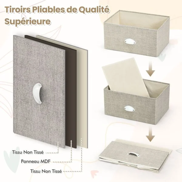 Commode 3 Tiroirs Table de Nuit avec Tiroirs Pliants 3 Unité de Rangement avec Cadre en Métal et Tiroirs en Bois Blanc