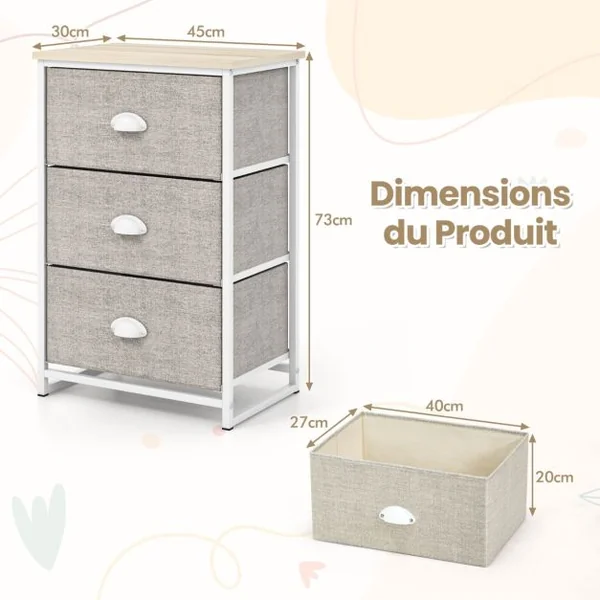 Commode 3 Tiroirs Table de Nuit avec Tiroirs Pliants 3 Unité de Rangement avec Cadre en Métal et Tiroirs en Bois Blanc