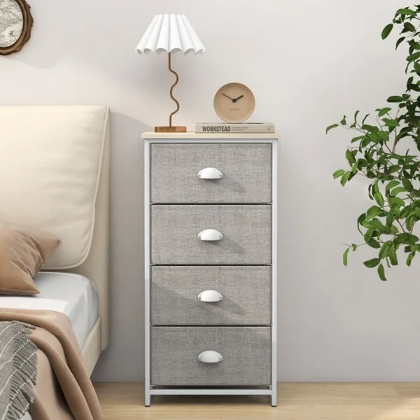 Commode 4 Tiroirs Table de Nuit avec Tiroirs Pliants 4 Unité de Rangement avec Cadre en Métal et Tiroirs en Bois Blanc