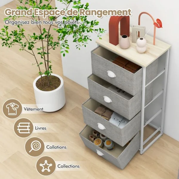 Commode 4 Tiroirs Table de Nuit avec Tiroirs Pliants 4 Unité de Rangement avec Cadre en Métal et Tiroirs en Bois Blanc