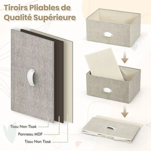 Commode 4 Tiroirs Table de Nuit avec Tiroirs Pliants 4 Unité de Rangement avec Cadre en Métal et Tiroirs en Bois Blanc