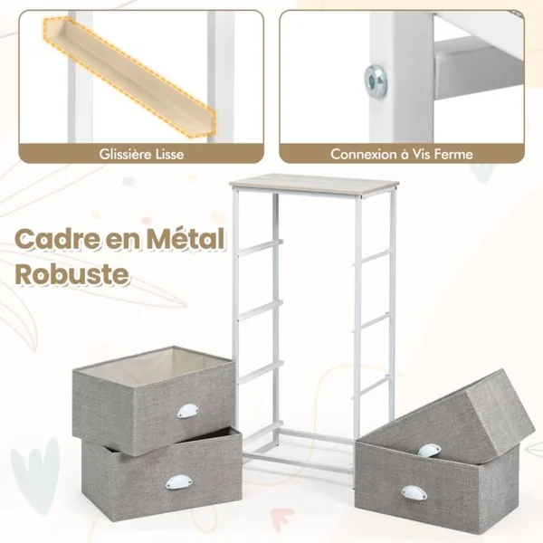 Commode 4 Tiroirs Table de Nuit avec Tiroirs Pliants 4 Unité de Rangement avec Cadre en Métal et Tiroirs en Bois Blanc