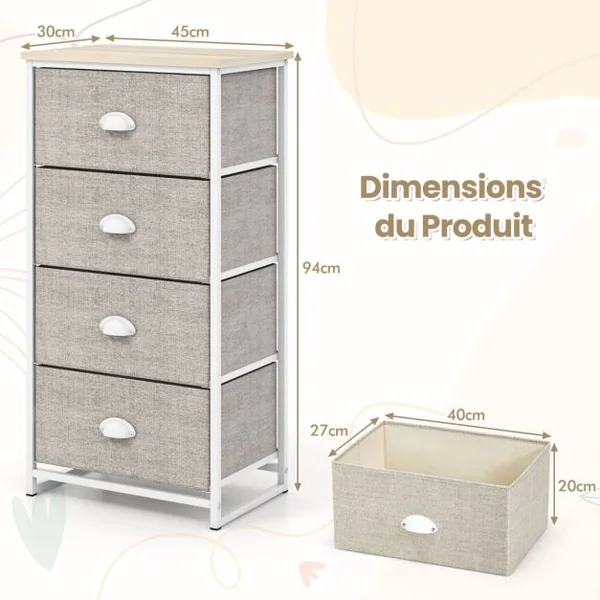 Commode 4 Tiroirs Table de Nuit avec Tiroirs Pliants 4 Unité de Rangement avec Cadre en Métal et Tiroirs en Bois Blanc