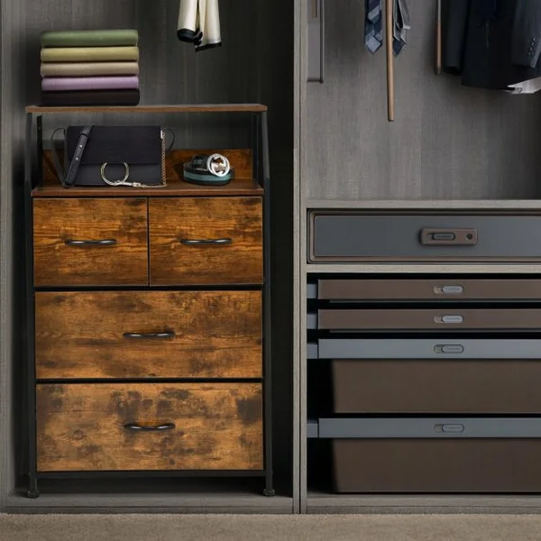Commode avec 4 Tiroirs Amovibles en Tissu Style Industriel Meuble de Rangement avec Étagère Supérieure et Pieds Réglables Café