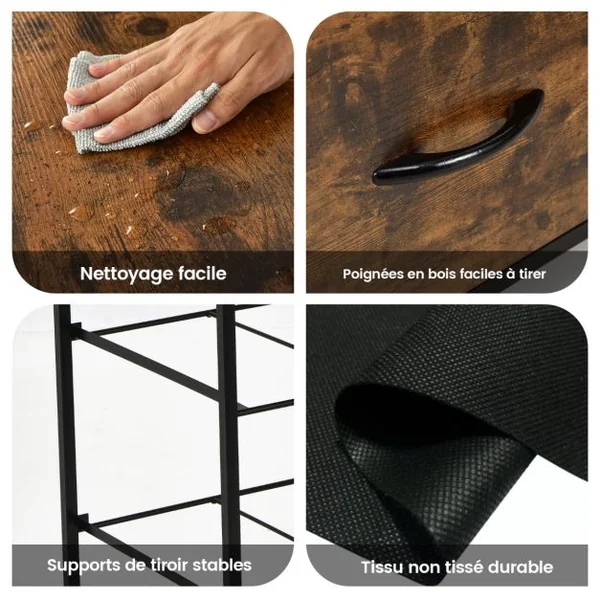 Commode avec 4 Tiroirs Amovibles en Tissu Style Industriel Meuble de Rangement avec Étagère Supérieure et Pieds Réglables Café
