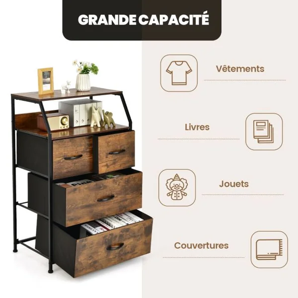 Commode avec 4 Tiroirs Amovibles en Tissu Style Industriel Meuble de Rangement avec Étagère Supérieure et Pieds Réglables Café