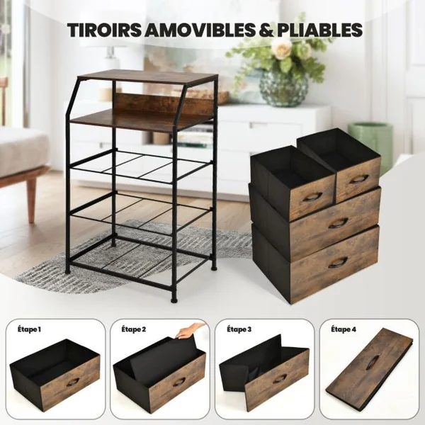 Commode avec 4 Tiroirs Amovibles en Tissu Style Industriel Meuble de Rangement avec Étagère Supérieure et Pieds Réglables Café