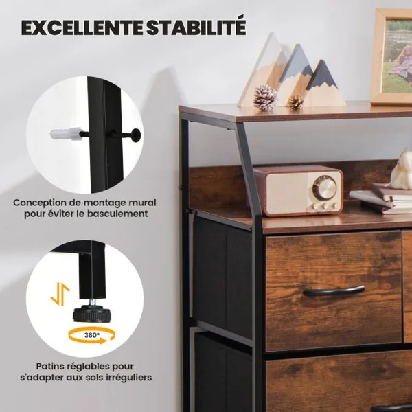 Commode avec 4 Tiroirs Amovibles en Tissu Style Industriel Meuble de Rangement avec Étagère Supérieure et Pieds Réglables Café