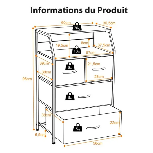 Commode avec 4 Tiroirs Amovibles en Tissu Style Industriel Meuble de Rangement avec Étagère Supérieure et Pieds Réglables Café