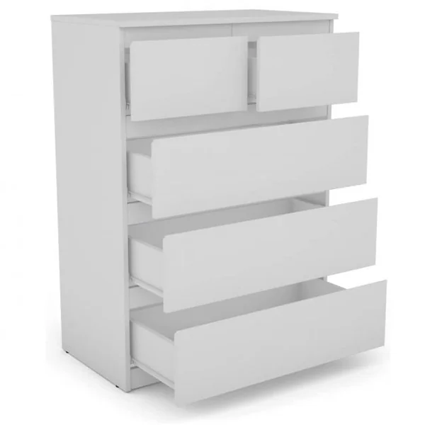 Commode avec 5 Tiroirs, Armoire Multifonction Moderne avec Rails en Métal 75 x 42 x 104 cm pour Chambre à Coucher Salon Couloir Blanc