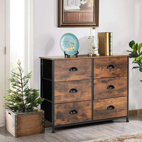 Commode avec 6 Tiroirs Meuble de Rangement avec Tiroirs en Tissu Poignées et Structure en Acier pour Chambre Salon