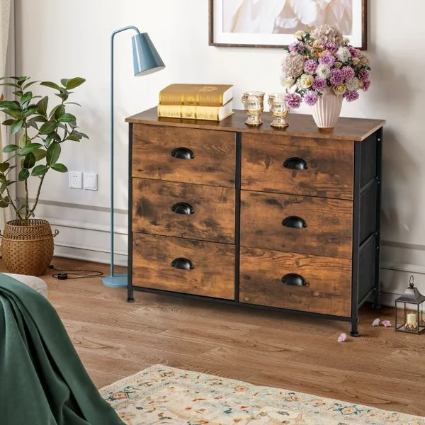 Commode avec 6 Tiroirs Meuble de Rangement avec Tiroirs en Tissu Poignées et Structure en Acier pour Chambre Salon