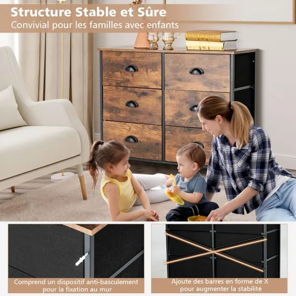 Commode avec 6 Tiroirs Meuble de Rangement avec Tiroirs en Tissu Poignées et Structure en Acier pour Chambre Salon