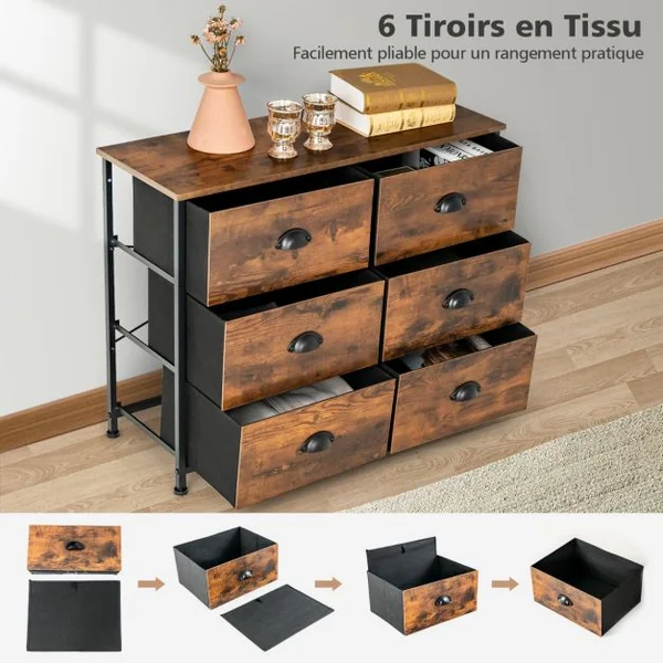 Commode avec 6 Tiroirs Meuble de Rangement avec Tiroirs en Tissu Poignées et Structure en Acier pour Chambre Salon