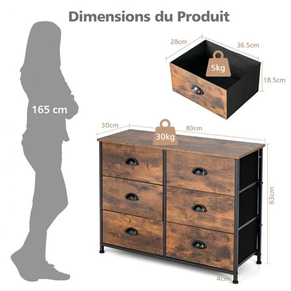 Commode avec 6 Tiroirs Meuble de Rangement avec Tiroirs en Tissu Poignées et Structure en Acier pour Chambre Salon
