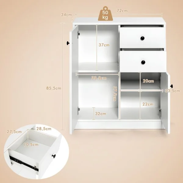 Commode Buffet Meuble de Rangement avec 2 Tiroirs et 2 Portes Meuble Bas Blanc avec Étagères Réglables pour Salon Chambre Entrée 72 x 34 x 85,5cm Blanc