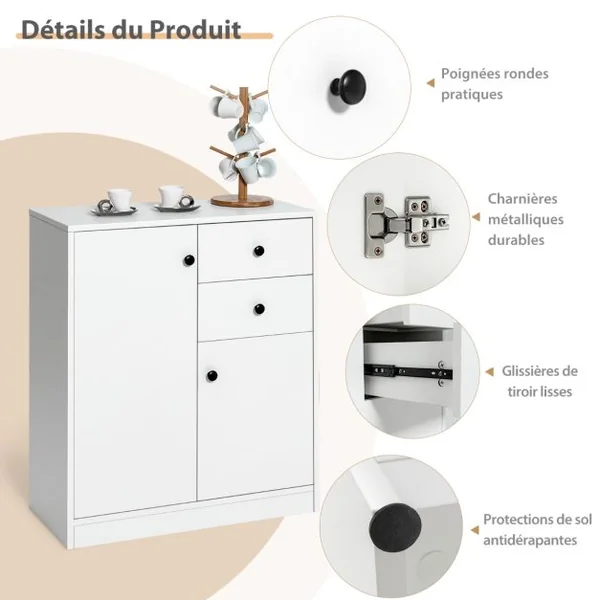 Commode Buffet Meuble de Rangement avec 2 Tiroirs et 2 Portes Meuble Bas Blanc avec Étagères Réglables pour Salon Chambre Entrée 72 x 34 x 85,5cm Blanc