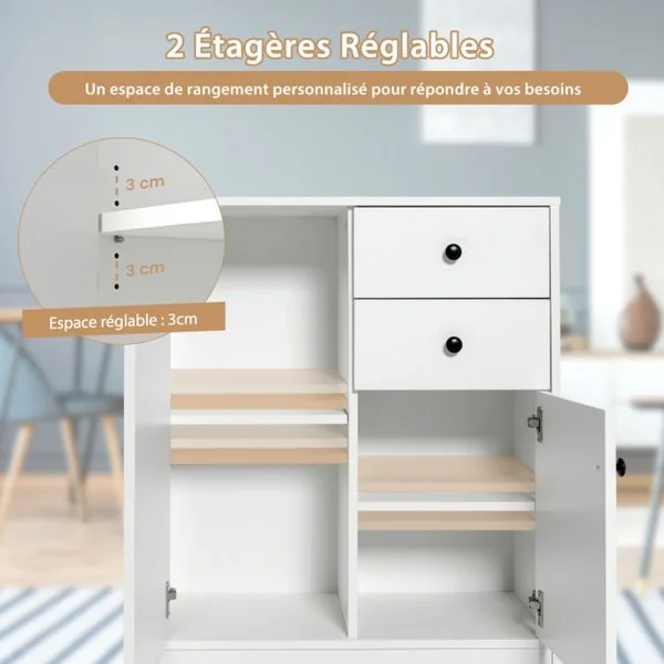 Commode Buffet Meuble de Rangement avec 2 Tiroirs et 2 Portes Meuble Bas Blanc avec Étagères Réglables pour Salon Chambre Entrée 72 x 34 x 85,5cm Blanc