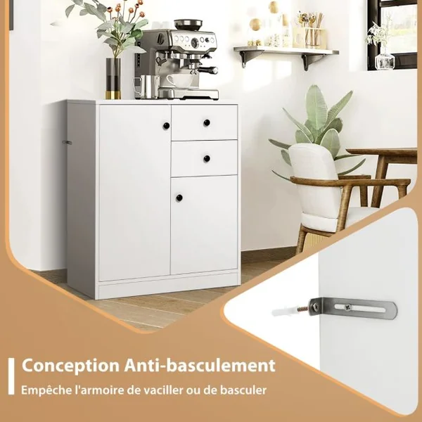 Commode Buffet Meuble de Rangement avec 2 Tiroirs et 2 Portes Meuble Bas Blanc avec Étagères Réglables pour Salon Chambre Entrée 72 x 34 x 85,5cm Blanc