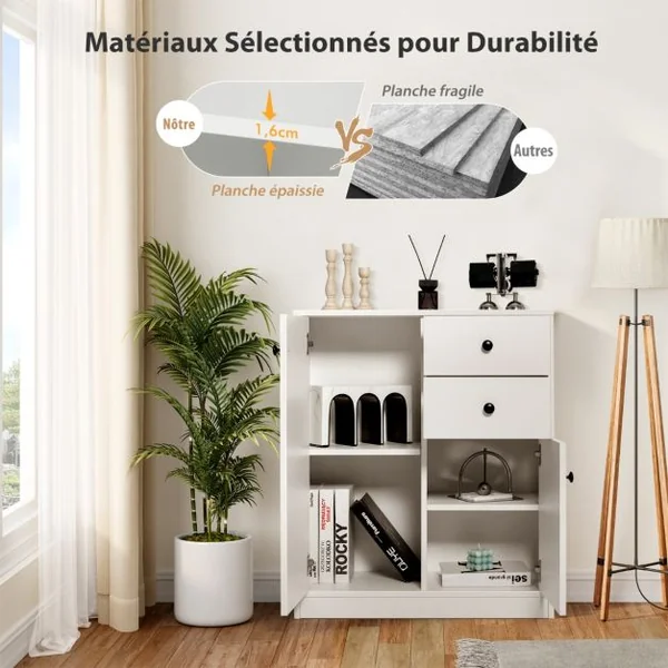 Commode Buffet Meuble de Rangement avec 2 Tiroirs et 2 Portes Meuble Bas Blanc avec Étagères Réglables pour Salon Chambre Entrée 72 x 34 x 85,5cm Blanc