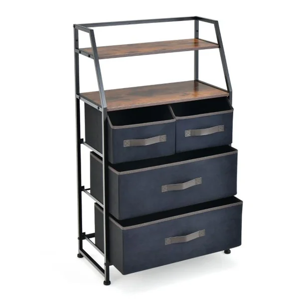 Commode Chambre 4 Tiroirs en Tissu, Meuble de Rangement Industriel avec 2 Étagères Kit Anti-basculement Inclus 58x29x100cm