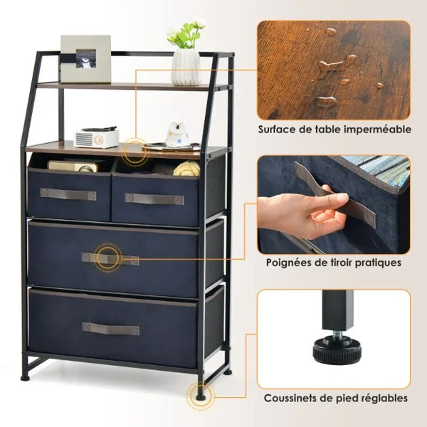 Commode Chambre 4 Tiroirs en Tissu, Meuble de Rangement Industriel avec 2 Étagères Kit Anti-basculement Inclus 58x29x100cm